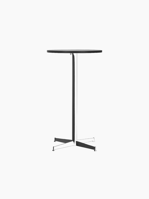 Front view of the Nook Bar Table, featuring a round black oak tabletop on a slim, black steel pedestal with an X-shaped base.