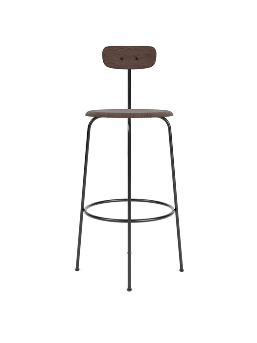 Afteroom Bar Chair, Black Steel Base, Dark Stained Oak Seat, Dark Stained Oak Back