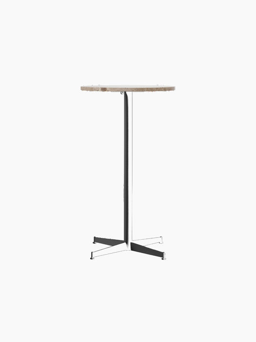 Front view of the Nook Bar Table, featuring a round Kunis Breccia stone top and a slender black powder-coated steel base.