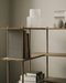 Bond 20 Modular Shelving System - Fogia Lifestyle Bond 30 freestanding corner shelf in lacquered oak with Cube tall vase in linen