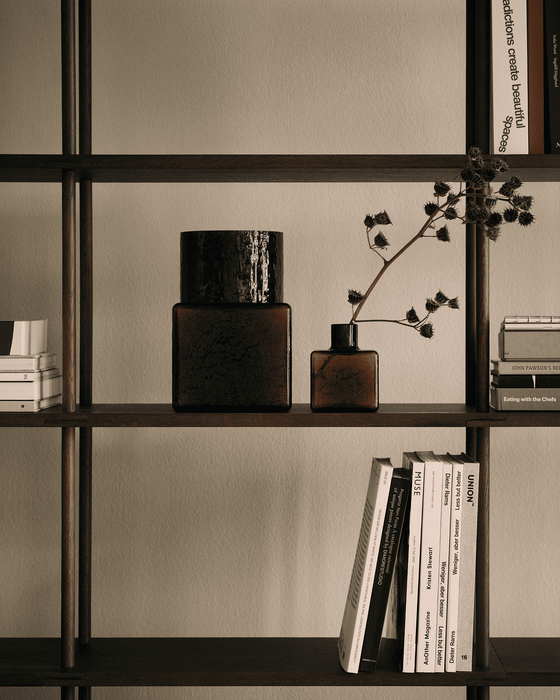 Bond 20 Modular Shelving System - Fogia Lifestyle Bond 30 freestanding shelf in smoked oak with Cube tall vase in amber