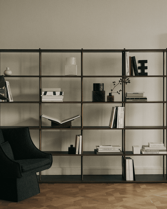 Bond 20 Modular Shelving System - Fogia Lifestyle Bond 30 freestanding shelf in smoked oak with Cube vases and Social club low