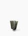 An angled view of the Aer Vase 19, a sculptural vase in smoky green glass with a twisted, undulating shape and a clear base.