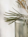 A close-up of the Aer Vase in smoked grey glass, holding a botanical stem with thin green leaves and dried beige flowers.