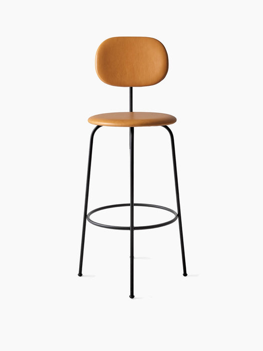 Front view of the Afteroom Bar Chair Plus, fully upholstered in tan leather with a slender, black powder-coated steel frame.