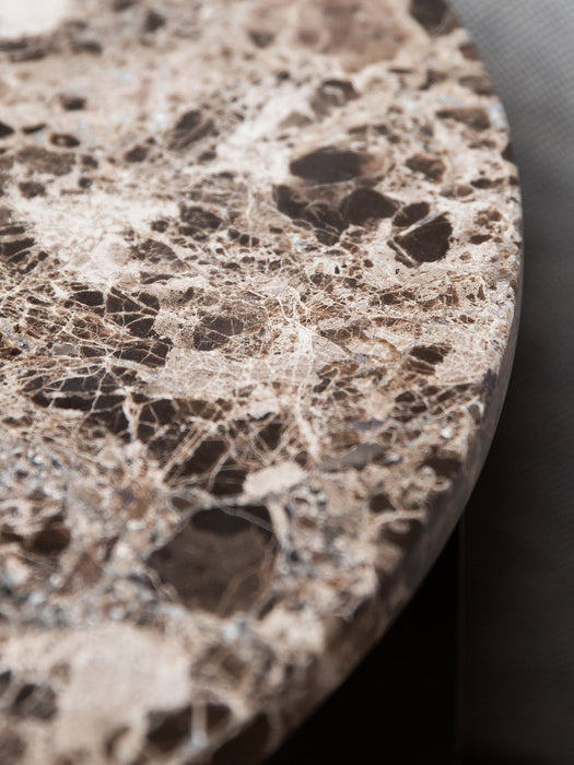 Androgyne Side Table with Emperador Marble top. A close-up view showcasing the beautiful brown, cream and dark veining.