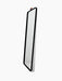 A tall, rectangular mirror with a black frame and rounded corners, featuring a brown leather strap at the top for hanging.