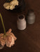 High-angle shot of two Audo Bottle Grinders, light grey and dark green, on a dark wood table with flowers and plates.