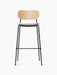 Front view of the Co Bar Chair, Seat Upholstered, with a natural oak backrest, moss fabric seat, and black steel frame.
