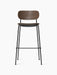 Front view of Co Bar Chair, Seat Upholstered with dark stained oak backrest, grey upholstered seat, and black steel frame.