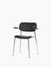 The Co Dining Chair, shown at an angle, with black Dakar leather upholstery, black oak armrests and a slim chrome frame.