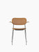 Front view of the Co Dining Chair, fully upholstered in light brown Dakar leather with natural oak armrests and chrome frame.
