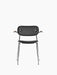 Front view of Co Dining Chair. Features black Dakar leather upholstery, dark stained oak armrests, and polished chrome frame.