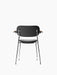 Rear view of the Co Dining Chair with black upholstery, dark stained oak armrests, and a slender chrome frame.