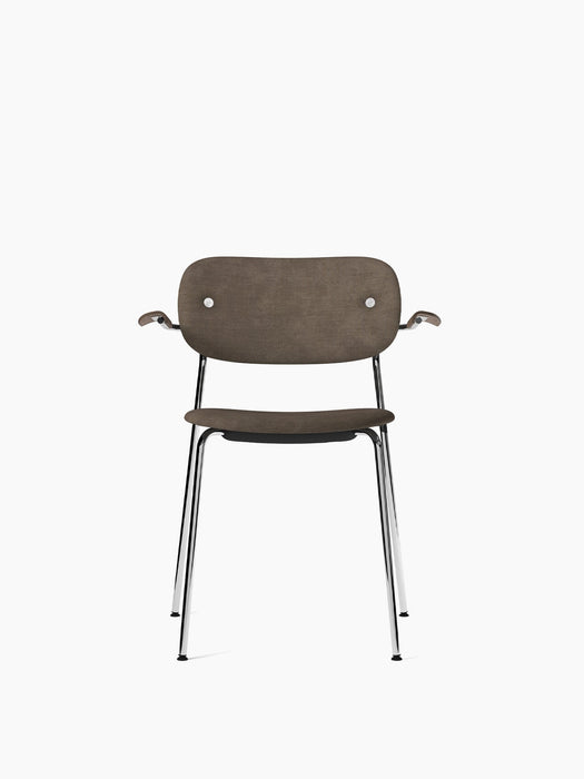 Front view of the Co Dining Chair with brown upholstered seat and back, dark stained oak armrests, and a sleek chrome frame.
