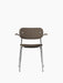 Front view of the Co Dining Chair with brown upholstered seat and back, dark stained oak armrests, and a sleek chrome frame.