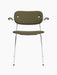 Co Dining Chair with olive green upholstery, dark wood armrests, and a sleek chrome frame against a white background.