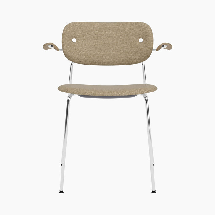 Co Dining Chair, fully upholstered with armrest, Chrome - Natural Oak | Audo Bouclé 02
