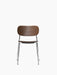 Front view of the Co Dining Chair, featuring a dark stained oak veneer seat and back with a slender, polished chrome frame.
