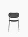 Front view of the Co Dining Chair, fully upholstered in dark Dakar leather, with a slender, shiny chrome frame.
