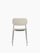 Front view of the Co Dining Chair, fully upholstered in a light beige textured fabric with a slender, polished chrome frame.