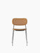 Front view of the Co Dining Chair, fully upholstered in light brown Dakar leather, with a sleek chrome frame and legs.