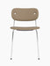 Front-facing view of the Co Dining Chair. It has a fully upholstered light brown seat and backrest on a slim chrome frame.