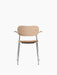 Front view of the Co Dining Chair with armrests, with a natural oak backrest, tan Dakar leather seat, and chrome frame.