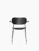 Front view of the Co Dining Chair with armrests, shown with a black oak back, black upholstered seat, and chrome legs.