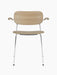 Front view of the Co Dining Chair. It has a natural oak backrest with armrests, a beige upholstered seat, and a chrome frame.