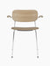 Front view of the Co Dining Chair with armrests, featuring a natural oak back, beige upholstered seat and chrome frame.