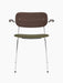 A Co Dining Chair with armrests, front view. Features a dark stained oak back, an olive green seat, and a chrome frame.