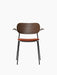 Front view of the Co Dining Chair with armrest, dark stained oak back, an orange upholstered seat, and a black frame.
