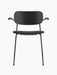 A front-facing image of the Co Dining Chair with a black frame, armrests, a wide black backrest, and a dark grey fabric seat.