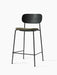 Co Counter Chair, Seat Upholstered. Black steel frame, black oak backrest, and moss green upholstered seat. Angled view.