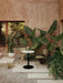 Outdoor patio with two olive Co Dining Chairs, a Harbour Column Table, and a Ray Table Lamp, surrounded by lush green plants.