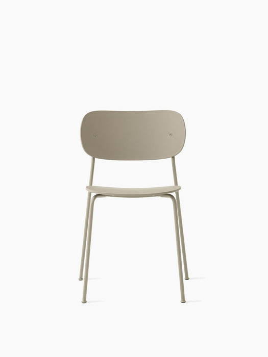 A front view of the Co Dining Chair, Outdoor, in an olive finish. The minimalist chair has a slim frame and no armrests.
