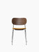 Front view of the Co Dining Chair, featuring a dark stained oak backrest, a yellow upholstered seat, and a slim chrome frame.