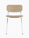 Front view of the Co Dining Chair with an upholstered seat, chrome frame, natural oak backrest and beige fabric seat.