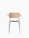 The Co Dining Chair with armrest, shown front-on, has a natural oak seat, backrest and small armrests on a slim chrome frame.