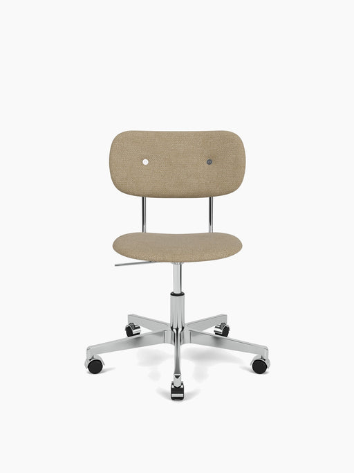Front view of the Co Task Chair, fully upholstered in beige fabric, with polished aluminium five-star base and black casters.