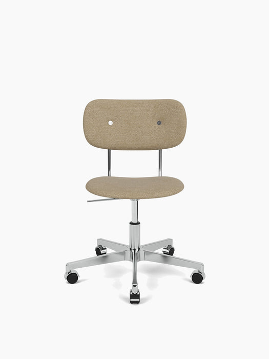 Front view of the Co Task Chair, fully upholstered in beige fabric, with polished aluminium five-star base and black casters.