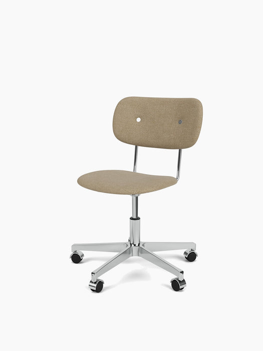 A Co Task Chair with beige fabric seat and back on a polished aluminium five-star swivel base with casters.