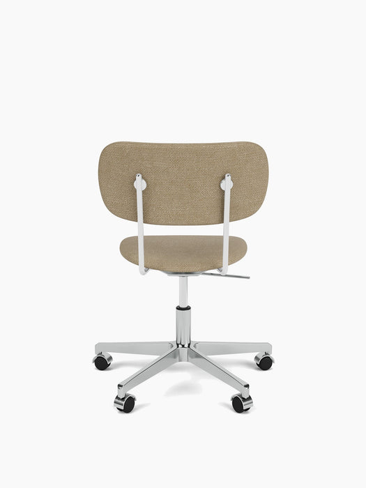 Back view of the Co Task Chair in beige upholstery with a polished aluminium base and casters, against a white background.