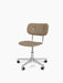 Angled view of the Co Task Chair, upholstered in light brown fabric, with a polished aluminium five-star base and casters.