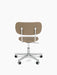 Rear view of the beige upholstered Co Task Chair, with a polished aluminium frame and five-star base with black casters.
