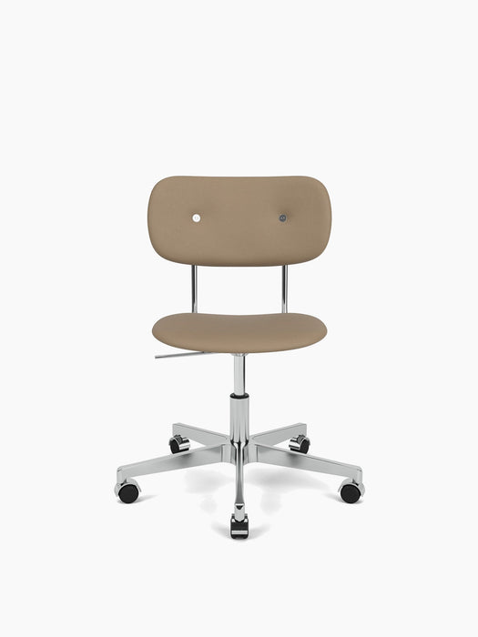 Front view of the Co Task Chair, Fully Upholstered, with tan upholstery and a polished aluminium base with five casters.