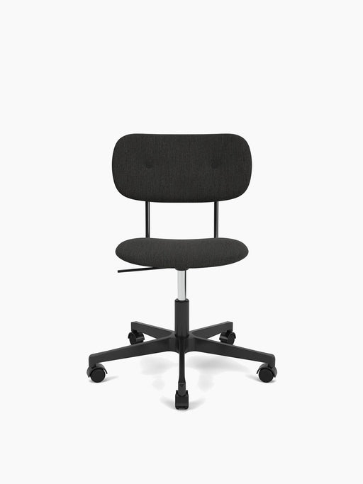A studio shot of the Co Task Chair, Fully Upholstered with a Black base. The chair has dark grey fabric and a five-star base.