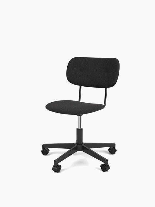 Angled view of the armless Co Task Chair, fully upholstered in dark fabric with a black five-star base and casters.