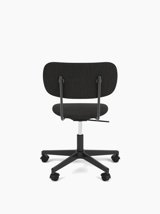 Rear view of the Co Task Chair, Fully Upholstered, with black fabric, a black five-star base with casters and a silver lift.